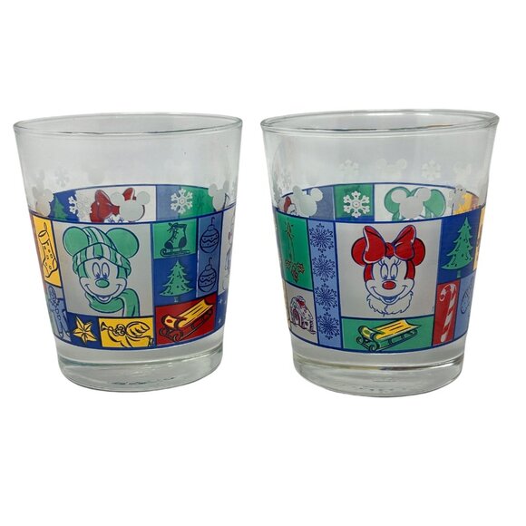 Disney Mickey Minnie Mouse Holiday Glass Tumblers Set Color Block Graphic 8 oz - Picture 1 of 5